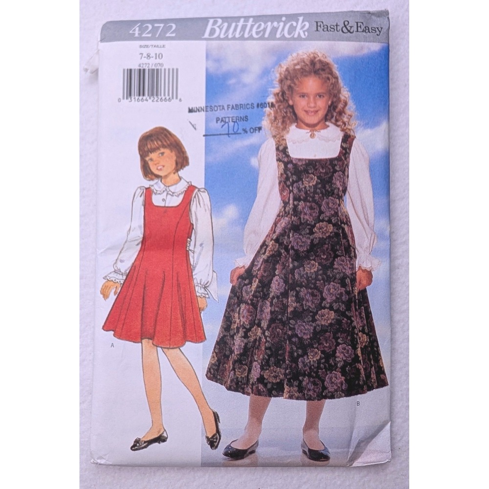 Butterick 4272 Girls Jumper and Blouse Sewing Pattern Size 7 8 10 Vintage 1995